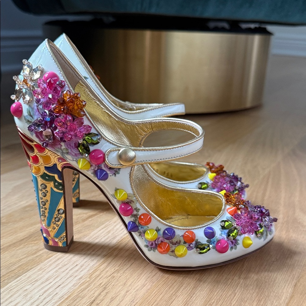 Dolce & Gabbana Patent Leather Crystal Colorful Embellishments D’Orsay Pumps